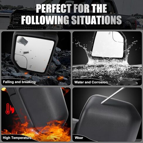 استبدال مجموعة مرآة الباب الجانبي للسائق الأيسر لسيارة Ford F-150 2015-2020، مع تعديل زجاج الطاقة، وزجاج النقطة العمياء والطي اليدوي، وسطح أسود محكم (يسار، 3 دبابيس) in Kuwait