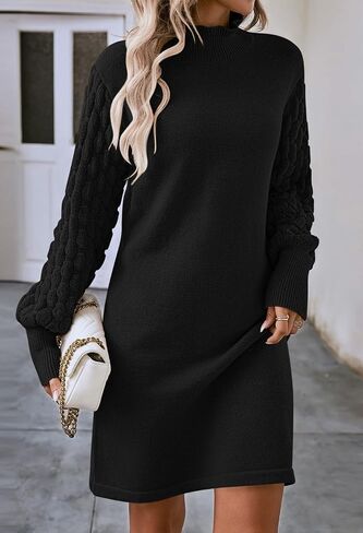 Pink Queen Women's Long Sleeve Sweater Mini Dress Casual Loose Mock Neck Empire Waist Cocktail Party Knit Short Dresses in Saudi Arabia