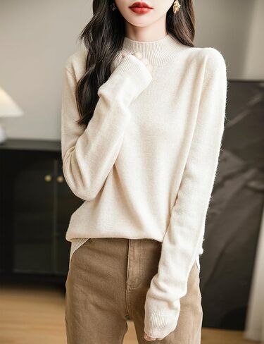 Women's 100% Merino Wool Seamless Sweater Mock Neck First-Line Ready to Wear Long Sleeve Knitted Pullover Tops in Saudi Arabia