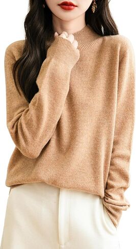 Women's 100% Merino Wool Seamless Sweater Mock Neck First-Line Ready to Wear Long Sleeve Knitted Pullover Tops in Saudi Arabia