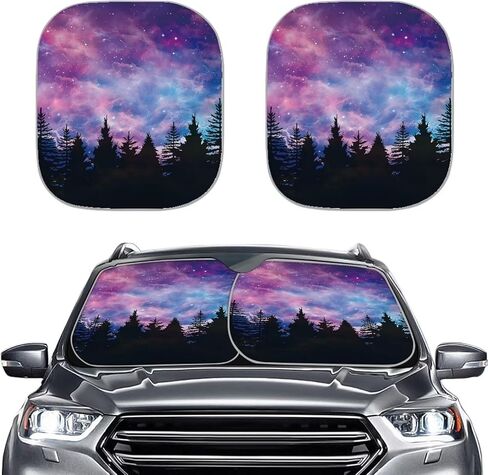 Car Front Windows Sunshade 2 Pieces Automotive Windshield Sun Shade Galaxy Forest Print Auto Shade Car Accessories for Sedans SUV Vans Trucks in Saudi Arabia