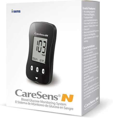طقم مراقبة جلوكوز الدم من CareSens N مع 100 شريط اختبار سكر الدم، 100 مشرط، 1 جهاز قياس جلوكوز الدم، 1 جهاز وخز، 1 محلول تحكم، حقيبة سفر لاختبار مرض السكري in Kuwait