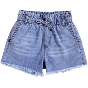 SweatyRocks Girl's Raw Hem Elastic Waist Denim Shorts Bowknot Jean Shorts with Pockets