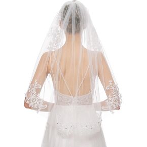Elegant 1 Tier Wedding Veil for Brides Simple Women Soft Tulle Veil Crystal Beaded Veil for Wedding Hen Party (White)