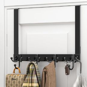 HapiRm Over The Door Hooks - Easy Installation Door Hanger with Basket and 16 Hooks, 304 Stainless Steel Over The Door Storage for Towels, Coats, Bathroom, Kitchen, Dorm-Black