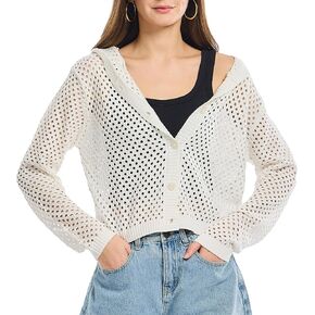 Simple&Opulence Women's Lightweight Hoodie Cardigan Open Front Button Long Sleeve Knit Sweater Mesh Beach Summer Cover Up