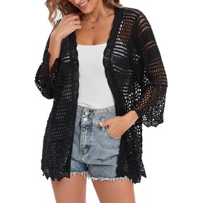 Crochet Cardigan for Women 3/4 Sleeve Open Front Lightweight Lace Boho Cover Up