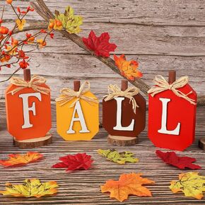 Fall Decorations for Home Indoor, Farmhouse Thanksgiving Table Decor, Vintage Harvest Tabletop Decoration, Wooden Pumpkin Block FALL Signs for Tiered Tray Party Shelf Display Set of 4