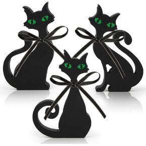Spooky Black Cat Halloween Table Decorations Indoor, Wooden Black Cats Tiered Tray Decor Set, Wood Black Cat Blocks with Ribbons Party Home Shelf Tabletop Decoration