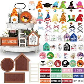 65 Pcs Farmhouse Halloween Tiered Tray Decor Set Year Round Seasonal Decorations Holiday Rustic Wooden Frames Arch Ladders Cards Bow Knot for Home Kitchen Table, Tray Not Included
