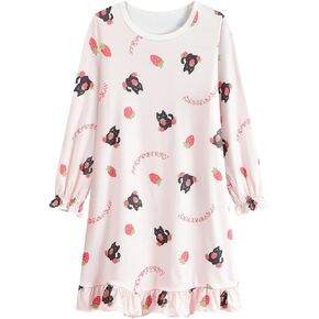 Girls Nightie for Kids Nightgown Strawberry Cat Cherry Sleepwear Night Dress Crewneck Long Sleeves 3-10 Years