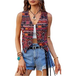Verdusa Women's Tribal Print Button Front Crop Vest Boho Open Front Sleeveless Jacket