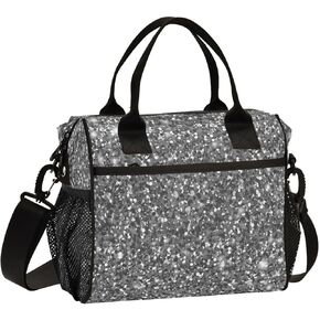 Kcldeci Lunch Bag Women Men Kids Silver Glitter Grey Shimmer Tinsel Bling Large Insulated Lunch Box for Work Adult Portable Cooler Bag Cute Lunch Tote Bag Meal Prep Organizer