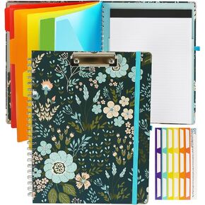 Clipboard Folio Spiral Folder Board,5 Extra Folders with 10 Storage Pockets,Refillable Lined Fillable Notepad,Foldable Clipboard with Storage,Suitable for Office,School and Student (flowers plants)