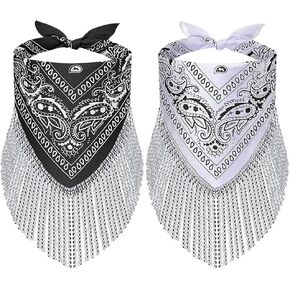 2 Pcs Cowgirl Fringed Bandana Rhinestone Fringe Paisley Scarf Wedding Bride Accessories for Disco Bachelorette Party