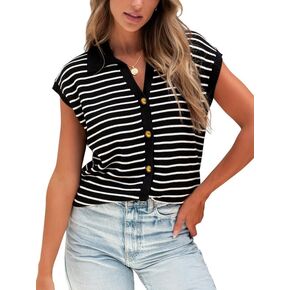 HDLTE Striped Sweater Vest for Women - Button Up Work Tank Tops Cardigan Business Casual Outfits Trendy Knit Shirt 2024