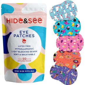 رقعات عيون للأطفال (يونيكورن) HIDE&SEE - رقعات عين لاصقة للأطفال والرضع والكبار. مقاس واحد يناسب الجميع. خالٍ من اللاتكس، ولا يسبب الحساسية، وتصميم يحجب الضوء، وقابل للتحلل البيولوجي (50 قطعة لكل حقيبة). in Kuwait
