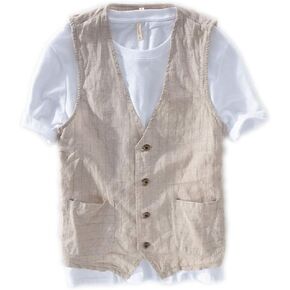 Men's Summer Casual Cotton Linen Sleeveless Thin Vest Beach Waistcoat