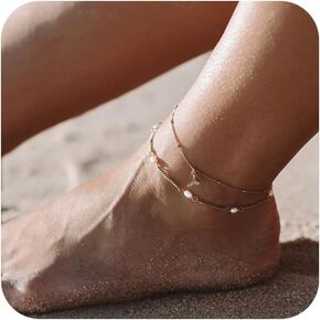Ankle Bracelets for Women,Dainty Gold Anklet 14k Gold Plated Summer Pearl Anklets for Women Waterproof Non Tarnish Pearl Anklet Set Cute Beded Chain Anklets for Women Beach Gold Jewelry