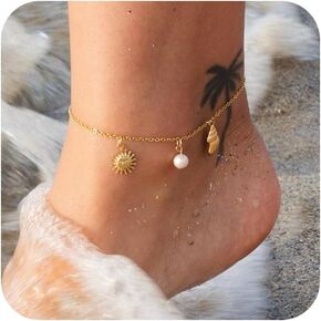 Ankle Bracelets for Women,Dainty Gold Anklet 14k Gold Plated Summer Pearl Anklets for Women Waterproof Non Tarnish Pearl Anklet Set Cute Beded Chain Anklets for Women Beach Gold Jewelry