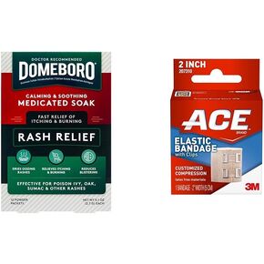 Domeboro Medicated Soak Rash Relief (Burow’s Solution), 12 Count & ACE 2" Elastic Bandage with Clips, Beige, 1 Count