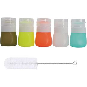 5-Pack 1.3Oz. Squeeze Salad Dressing Bottles with Cleaning Brush | Small Salad Dressing Container to Go | Portable Sauce Bottle Condiment Bottles | Food-grade Silicone, BPA Free