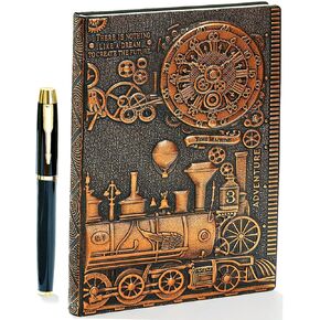 Embossed Leather Journal Writing Notebook - Antique Handmade Leather Daily Notepad Sketchbook, Travel Diary & Notebooks to Write in, Phoenix Gift For Men & Women, with Golden Classic Pen, (Bronze)