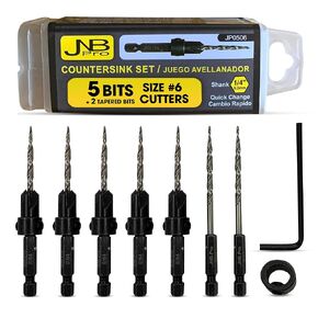 JNB Pro Countersink Drill Bit Set 5pc #8 (11/64") 4-Flute M2 HSS Drill Bits 1/4 Hex Quick Change, Stop Collar Set Brocas Para Madera Countersink Drill Bit for Wood Working with 2 Free Tapered Bits
