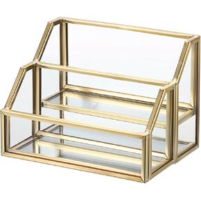 Hipiwe 4 Slots Glass Business Card Holder for Desktop, Gold Mirrored Business Card Display Stand, Multiple Clear Business Name Card Organizer Holder for Office Exhibition