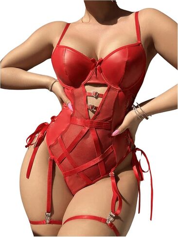 Milumia Women Sexy One Piece Lingerie Bodysuit Pu Leather Mesh Teddy Body Suit in Saudi Arabia