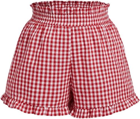 SHENHE Women's Plus Size Plaid Ruffled Paperbag Waist Wide Leg Loose Mini Shorts in Saudi Arabia