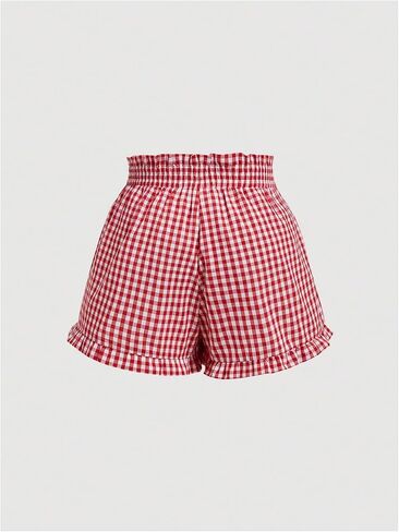 SHENHE Women's Plus Size Plaid Ruffled Paperbag Waist Wide Leg Loose Mini Shorts in Saudi Arabia