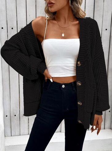 Pink Queen Women's 2024 Fall Winter Long Sleeve Cable Knit Sweater Open Front Cardigans Button Loose Outerwear in Saudi Arabia