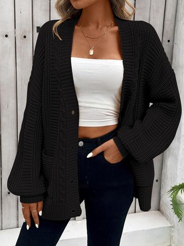Pink Queen Women's 2024 Fall Winter Long Sleeve Cable Knit Sweater Open Front Cardigans Button Loose Outerwear in Saudi Arabia