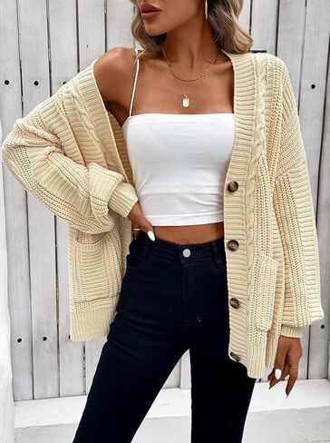 Pink Queen Women's 2024 Fall Winter Long Sleeve Cable Knit Sweater Open Front Cardigans Button Loose Outerwear in Kuwait