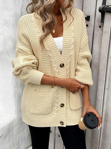 Pink Queen Women's 2024 Fall Winter Long Sleeve Cable Knit Sweater Open Front Cardigans Button Loose Outerwear in Kuwait