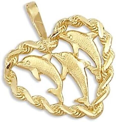 Sonia Jewels 14k Yellow Gold Three Dolphins Heart Rope Charm Pendant in Saudi Arabia
