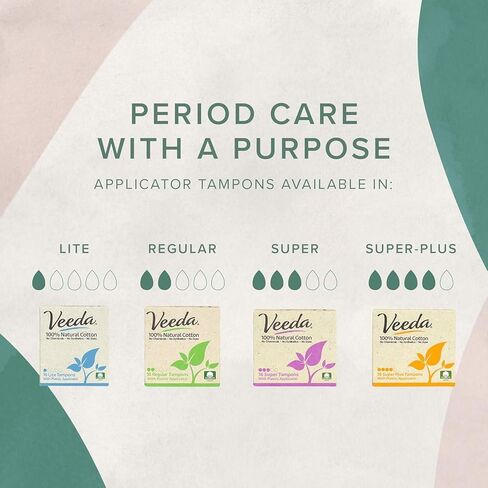Veeda 100% Natural Cotton Tampons - Super Absorbency with Leak Proof Protection - Compact BPA-Free Applicator - Unscented & Free from Chlorine, Toxin - 16 Count in Kuwait