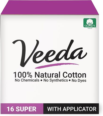 Veeda 100% Natural Cotton Tampons - Super Absorbency with Leak Proof Protection - Compact BPA-Free Applicator - Unscented & Free from Chlorine, Toxin - 16 Count in Kuwait