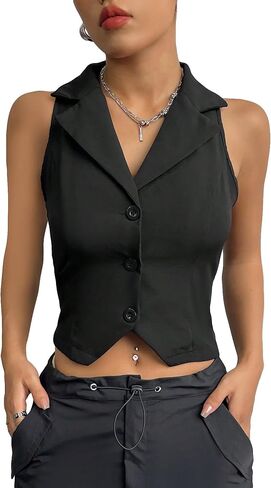 سترة نسائية SweatyRocks ذات طية صدر السترة وأزرار أمامية قصيرة وصدرية بدون أكمام in Saudi Arabia
