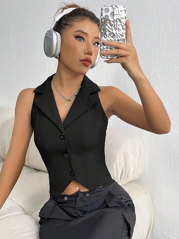سترة نسائية SweatyRocks ذات طية صدر السترة وأزرار أمامية قصيرة وصدرية بدون أكمام in Saudi Arabia