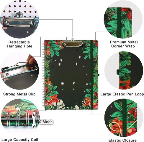 Clipboard Folio Spiral Folder Board,5 Extra Folders with 10 Storage Pockets,Refillable Lined Fillable Notepad,Foldable Clipboard with Storage,Suitable for Office,School and Student (flowers plants) in Saudi Arabia