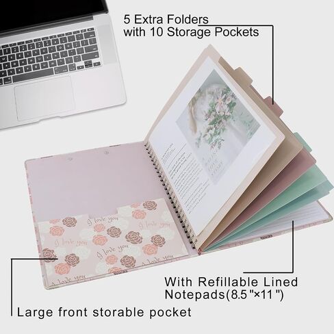 Clipboard Folio Spiral Folder Board,5 Extra Folders with 10 Storage Pockets,Refillable Lined Fillable Notepad,Foldable Clipboard with Storage,Suitable for Office,School and Student (flowers plants) in Saudi Arabia