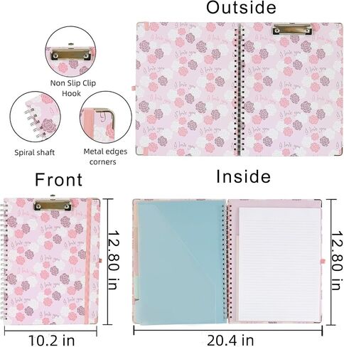 Clipboard Folio Spiral Folder Board,5 Extra Folders with 10 Storage Pockets,Refillable Lined Fillable Notepad,Foldable Clipboard with Storage,Suitable for Office,School and Student (flowers plants) in Saudi Arabia