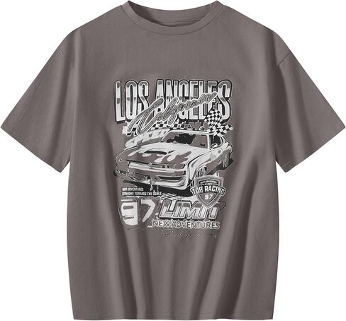Girl's Car Letter Graphic Print Round Neck Short Sleeve Tee Summer Casual T Shirt Graphics Tee Shirt in Kuwait