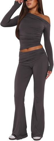 Pasgreson 2 Piece Sets for Women Foldover Yoga Flare Leggings Pants and Going Out Tops Lounge Workout Sets Y2k Outfits in Saudi Arabia