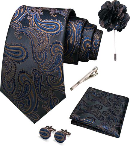 JEMYGINS Mens Paisley Tie and Pocket Square,Lapel Pin,Cufflinks,Tie Clip Sets with Gift Box 5PCS in Saudi Arabia