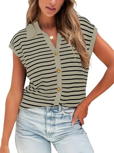 HDLTE Striped Sweater Vest for Women - Button Up Work Tank Tops Cardigan Business Casual Outfits Trendy Knit Shirt 2024 in Saudi Arabia
