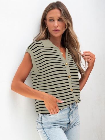 HDLTE Striped Sweater Vest for Women - Button Up Work Tank Tops Cardigan Business Casual Outfits Trendy Knit Shirt 2024 in Saudi Arabia