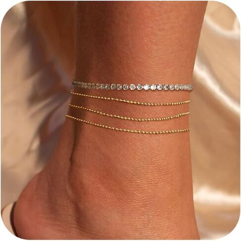 Ankle Bracelets for Women,Dainty Gold Anklet 14k Gold Plated Summer Pearl Anklets for Women Waterproof Non Tarnish Pearl Anklet Set Cute Beded Chain Anklets for Women Beach Gold Jewelry in Saudi Arabia
